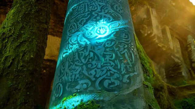 A column with strange glowing ancient writings in the middle of an abandoned temple in mossy forest. Surrounded by moss, the glowing writings on the column tell unsolved stories of the ancients.