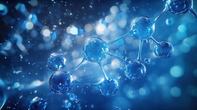 abstract molecular representation of ozone (o3) floating in the upper atmosphere, energy waves indicating uv radiation being absorbed, blue tones, science theme