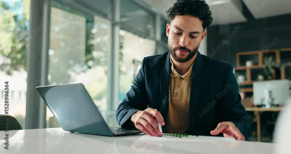 Poster Man, documents and writing with graphs at office, laptop and typing with report at financial agency. Person, computer and paperwork with stats, notes and charts with review for feedback at company