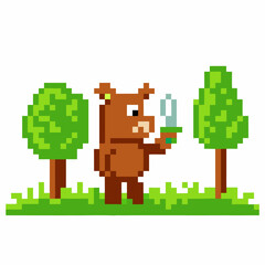 Pixel art bear with sword in forest setting retro gaming graphic with green trees