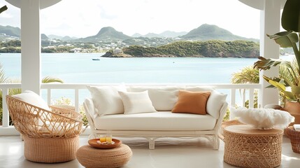 Obraz premium Coastal living room with airy white couches, rattan decor, soft ocean hues, large windows with sunlit view