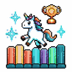 Obraz premium pixel art unicorn jumping over colorful bars with trophy and stars in fantasy game scene