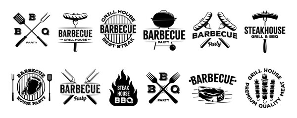 Barbecue and grill logos with meat, sausages, grill tools, and text elements. Black vintage emblems for steakhouse and BBQ party design. Vector set isolated on white background