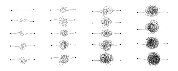Obraz na płótnie Canvas Hand-drawn chaotic arrows with tangled scribbles. Set of messy sketch lines showing confusion and complexity. Vector icons isolated on white background for infographic and design