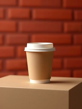 Delivery drink paper cup container brown cover on table display and red brick wall background