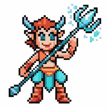 Fototapeta pixel art fantasy character with trident, mythical minotaur, colorful retro game design, digital 8 bit
