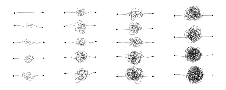 Hand-drawn chaotic arrows with tangled scribbles. Set of messy sketch lines showing confusion and complexity. Vector icons isolated on white background for infographic and design