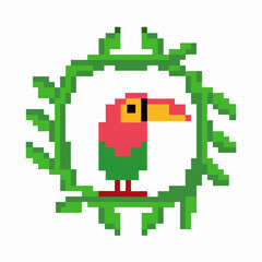 Obraz premium pixel art parrot with green border, colorful retro design digital vintage bird illustration in geometric