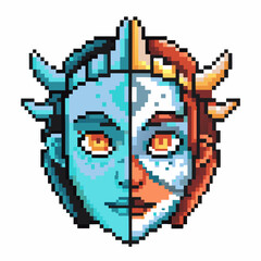 Fototapeta premium pixel art, dual faced character with blue and orange sides, horns, and vibrant features