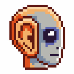 Fototapeta premium Pixel art robot head with orange and gray details retro digital design showing futuristic technology