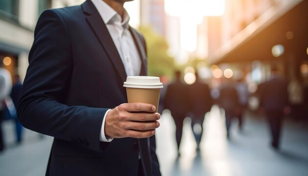 Businessman with coffee in city setting urban professional lifestyle - Powered by Adobe