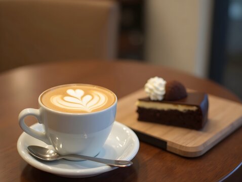 Chocolate Cake Slice with Coffee Latte Art Beverage on Table