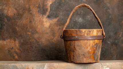 Fototapeta premium A rustic wooden bucket sits prominently on a textured stone surface, evoking a sense of tradition and simplicity in home decor and craftsmanship.