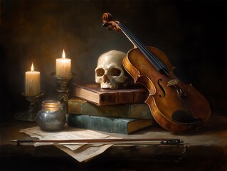 Still life of a wooden table with antique books, a dimly lit candle, a skull, and a violin placed carefully. Oil painting style reminiscent of Baroque era, soft textures, deep shadows, warm 