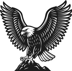 Obraz premium majestic eagle with outstretched wings perched on a rocky peak, black and white illustration of a powerful bird of prey immersed in nature