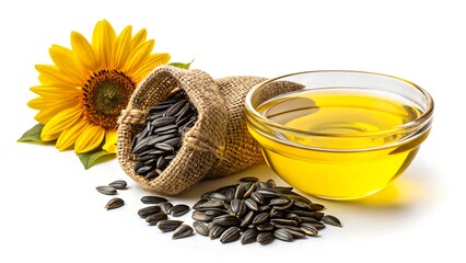 Glass bowl of sunflower oil with burlap sack of sunflower seeds and blooming flower on white background
