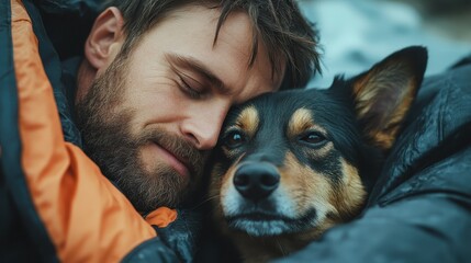 A serene moment unfolds as a man lovingly cuddles his dog, both appearing content and peaceful in a cozy embrace within a natural setting.