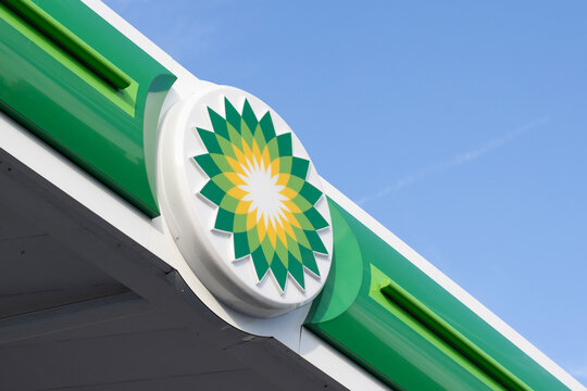 Charlotte, NC, USA - June 19, 2022: BP logo is seen at a gas station in Charlotte, North Carolina. BP p.l.c. is a British multinational oil and gas company headquartered in London, UK.