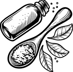 hand drawn spices salt jar, spoonful of seasoning, aromatic leaves culinary ingredients sketch, kitchen art