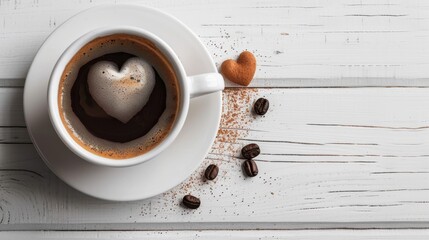 A warm cup of coffee with a heart-shaped foam and delightful cookies on a rustic white table, inviting a sense of comfort and love in everyday moments.