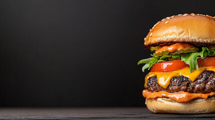 Close-up of a juicy cheeseburger with melted cheese, crispy bacon, and fresh lettuce on a bun.