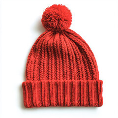 Red knit winter beanie hat with pom pom