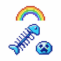 Fototapeta premium Pixel art rainbow, fishbone, and melting earth depicting environmental impact