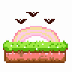 Fototapeta premium Pixelated grass and rainbow with flying bats in retro video game landscape