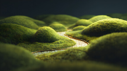 A magical moss-covered terrain forms the base of a tiny world, complete with a winding pebble path and miniature twigs that resemble towering trees. The lighting is soft and filtered, highlighting