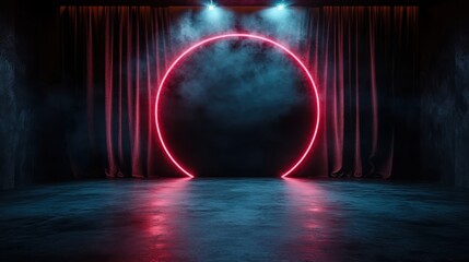 A atmospheric stage setting featuring a glowing neon circle, surrounded by dark, misty curtains, setting the mood for an exciting performance filled with intrigue and anticipation.