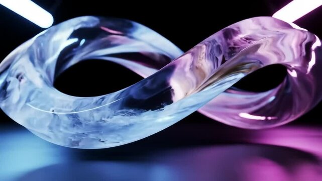 Rotating glass Mobius strip with shifting colors and luminous reflections
