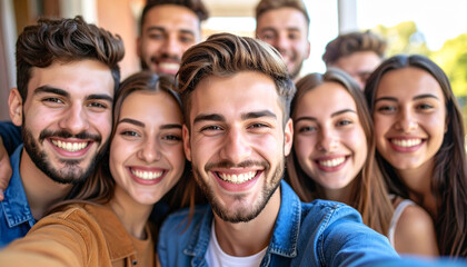 Un grupo de jovenes sonrientes haciendo un selfie como recuerdo de equipo y amistad