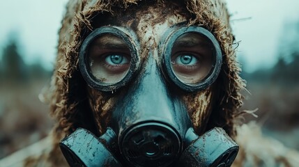 A determined individual wears a gas mask amidst a grim landscape, showcasing resilience and the harsh realities of survival in challenging environments.