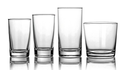 Set of four empty clear glass tumblers of different shapes and sizes on white background with reflection
