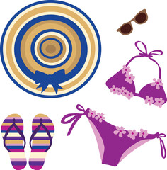 Summer beach vacation outfit,  bikini swimsuit floppy hat flip-flops and sunglasses,  flat vector illustration isolated on transparent background. Colour summer holiday illustration. 