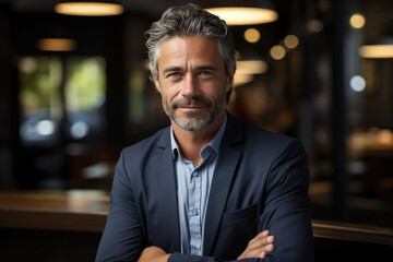 A confident businessman posing in a modern environment, showcasing a charismatic smile that reflects professionalism and approachability in a corporate setting.