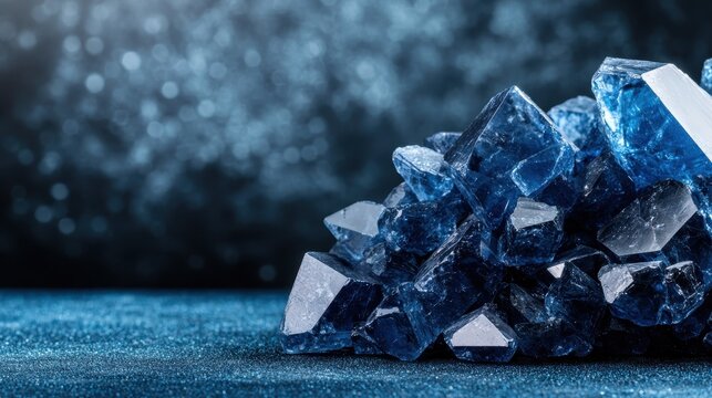 A visually striking image featuring a cluster of shimmering blue crystals set on a glittering surface, symbolizing clarity, beauty, and the mysteries of nature.