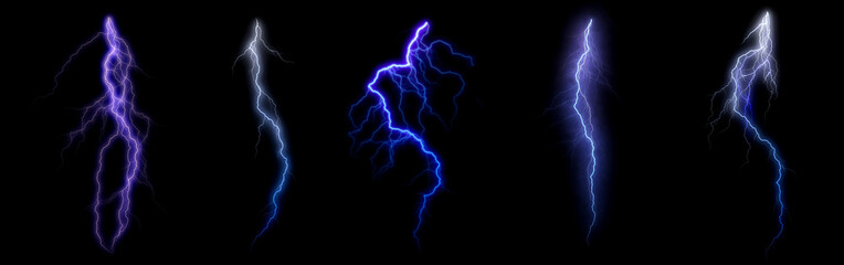 Set of five isolated electric lightning bolts in purple and blue colors on black background for energy design effect storm or sci fi visuals