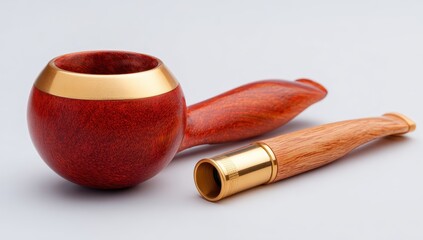 Red wooden smoking pipe with gold accents