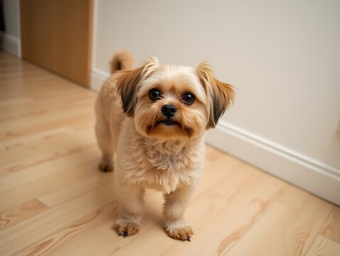 A small brown dog standing on a wooden floor