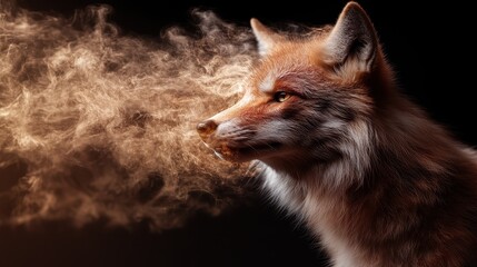 A captivating image of a majestic fox with wisps of smoke swirling around its face, embodying an air of mystery and connection with nature in a powerful compositional portrait.