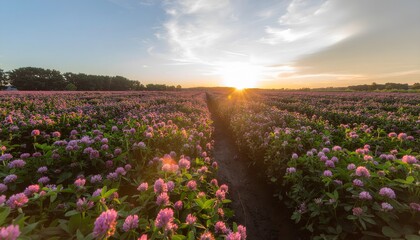 Obraz premium Clover Field at Sunset Beautiful Landscape with Pink Flowers