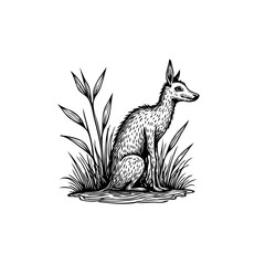 Elegant ink drawing of a jackal amidst grass, showcasing nature's simplicity and beauty