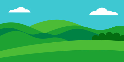 Scenic Green Pasture Landscape Background with Rolling Hills Vector Illustration