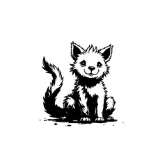 Adorable Cat Illustration: Black and White Cartoon Kitten with Expressive Eyes