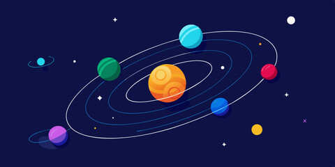 Fototapeta premium Informative Isometric Solar System Diagram with Clear Orbit Trails Vector Illustration