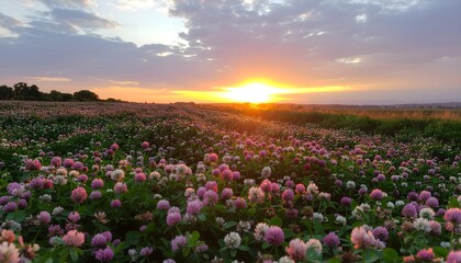 Fototapeta premium Clover field at sunset blooms in vibrant colors of summer