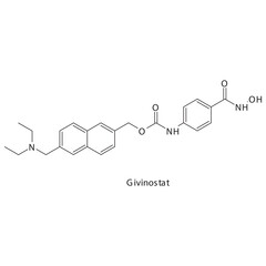 Givinostat chemical structure skeletal formula. HDAC inhibitor drug used to treat Duchenne muscular dystrophy, leukemia. Simple schematic illustration.