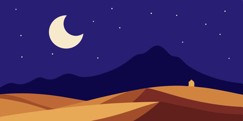 Obraz premium Mysterious Moonlight Desert Landscape Background with Sand Dunes Vector Illustration
