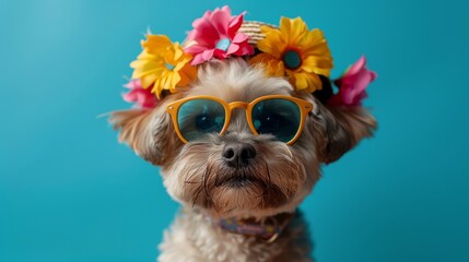 A cute dog wearing stylish sunglasses and a vibrant flower crown against a bright blue backdrop, radiating joy and a playful spirit perfect for light-hearted themes.
